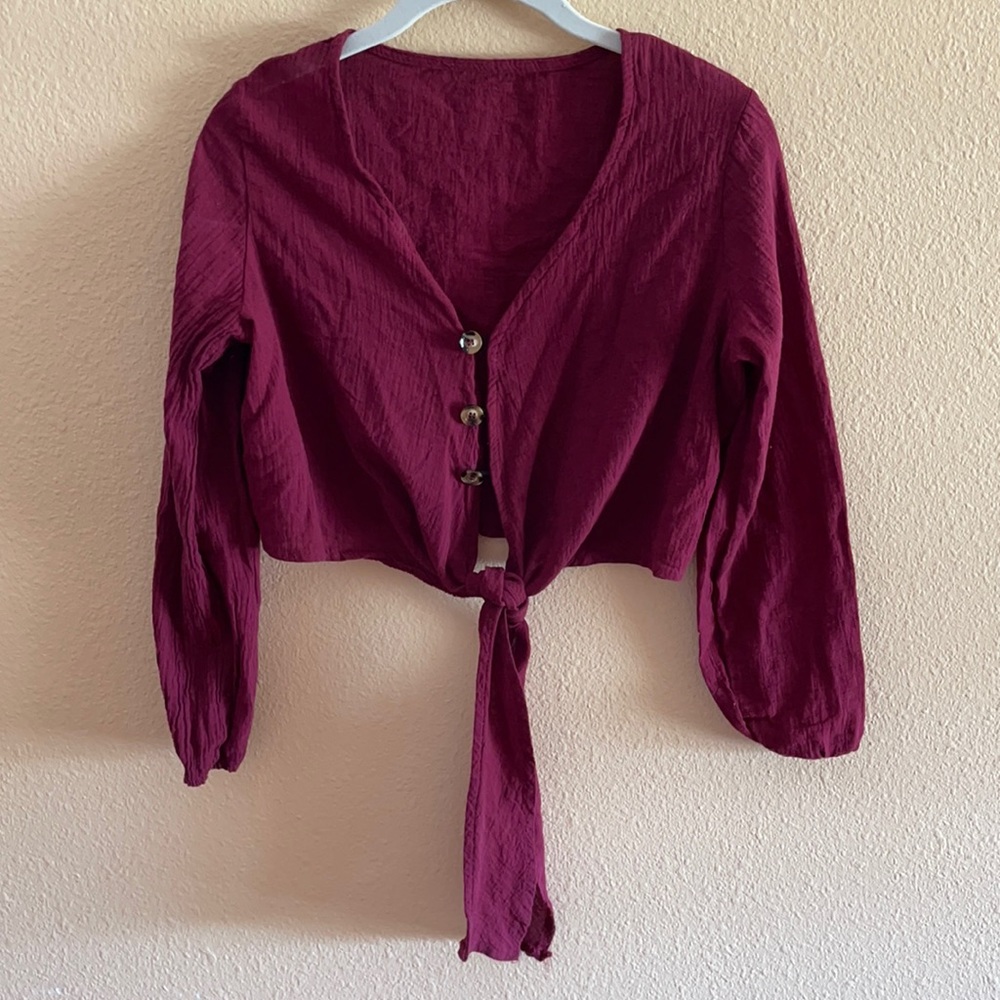Burgundy front tie cover up top